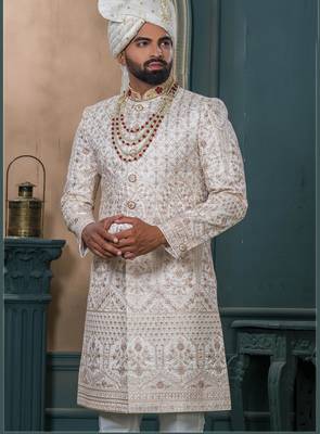 Cream silk embroidered sherwani for mens 2