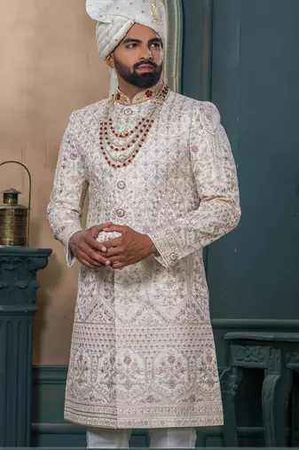 Cream silk embroidered sherwani for mens