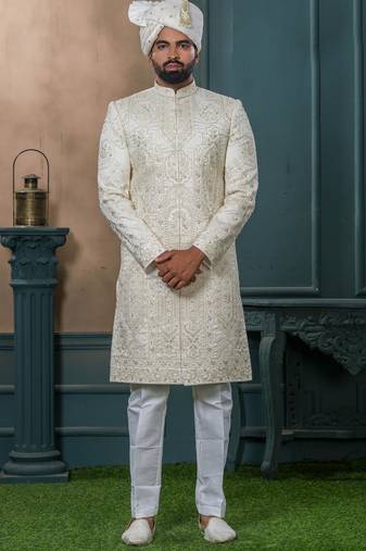Cream silk embroidered sherwani for mens