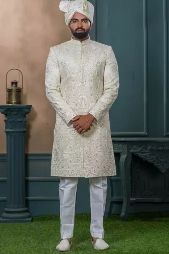 Cream silk embroidered sherwani for mens