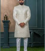 Cream silk embroidered sherwani for mens