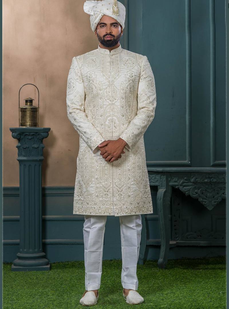Cream silk embroidered sherwani for mens