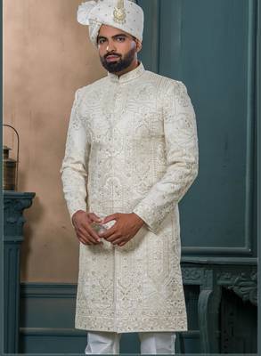 Cream silk embroidered sherwani for mens 2
