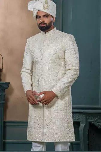 Cream silk embroidered sherwani for mens