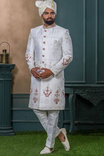 White silk embroidered sherwani for mens