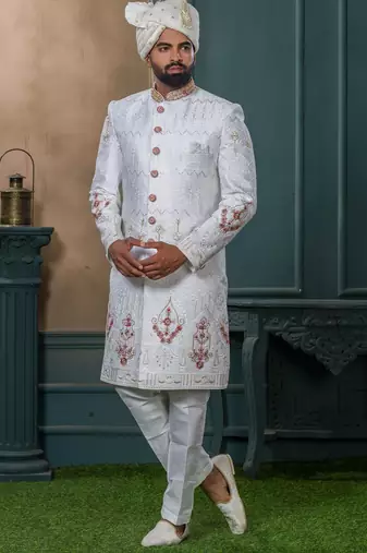 White silk embroidered sherwani for mens