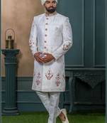 White silk embroidered sherwani for mens
