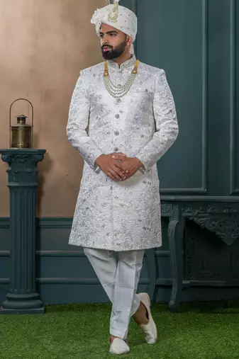 Off white silk embroidered sherwani for mens
