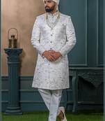 Off white silk embroidered sherwani for mens