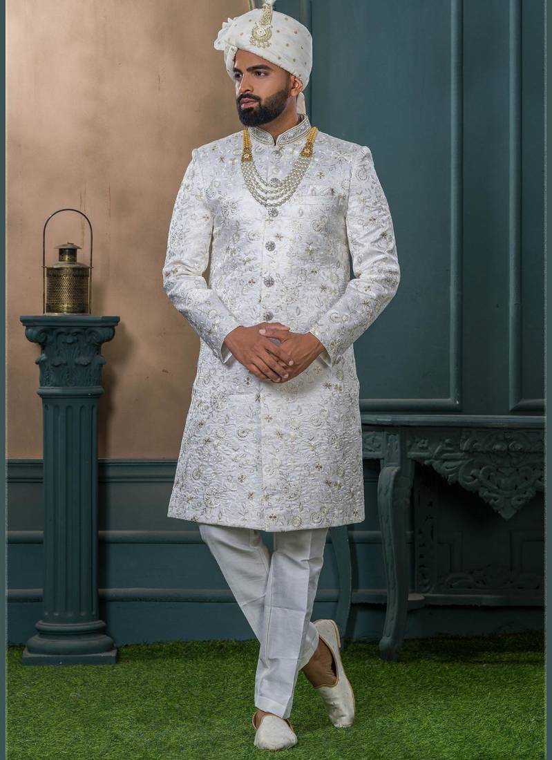 Off white silk embroidered sherwani for mens