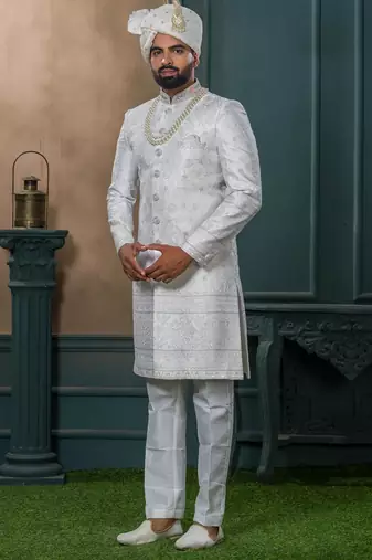 Off white silk embroidered sherwani for mens