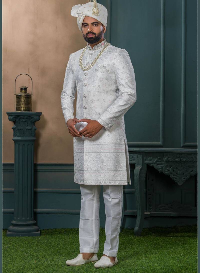 Off white silk embroidered sherwani for mens