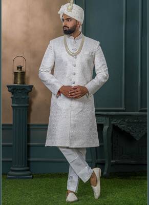 Off white silk embroidered sherwani for mens 1