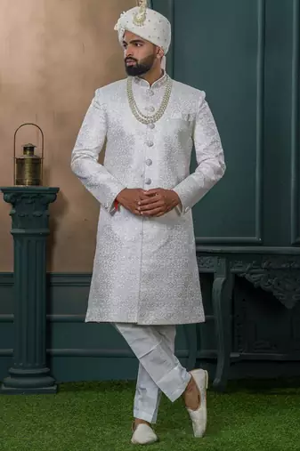 Off white silk embroidered sherwani for mens
