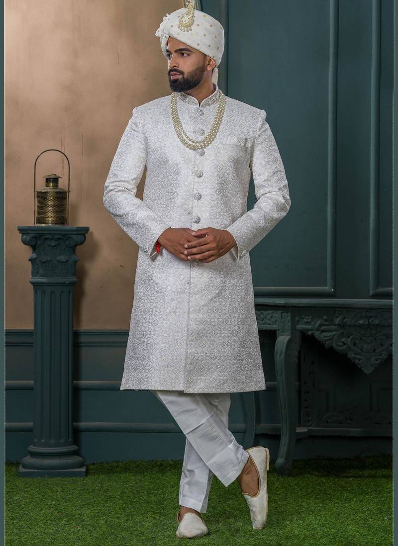 Off white silk embroidered sherwani for mens
