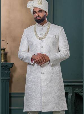 Off white silk embroidered sherwani for mens 2