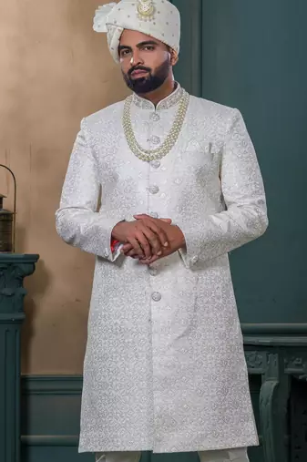 Off white silk embroidered sherwani for mens