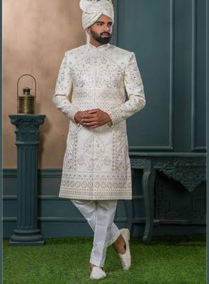 Cream silk embroidered sherwani for mens 1