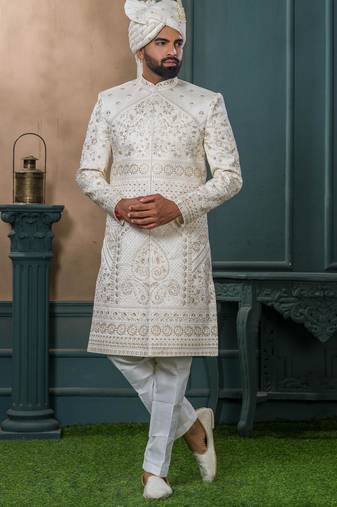 Cream silk embroidered sherwani for mens