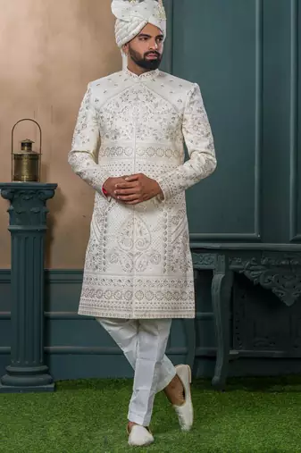 Cream silk embroidered sherwani for mens