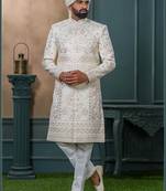Cream silk embroidered sherwani for mens