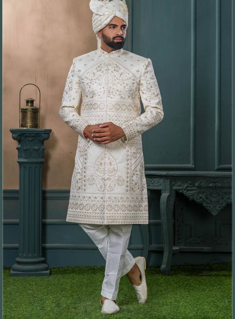 Cream silk embroidered sherwani for mens