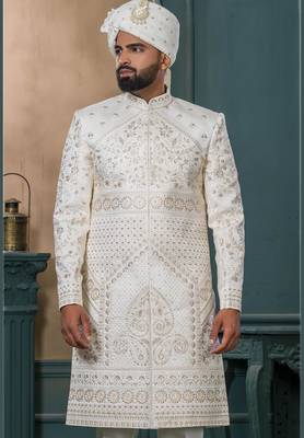 Cream silk embroidered sherwani for mens 2