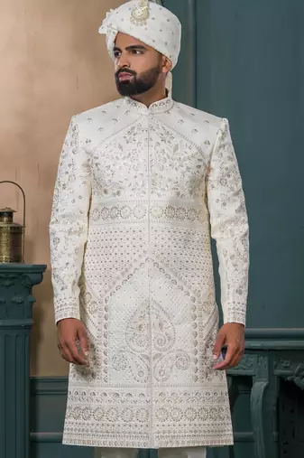 Cream silk embroidered sherwani for mens