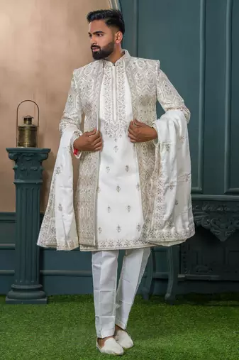 Off white silk embroidered sherwani for mens