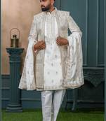 Off white silk embroidered sherwani for mens