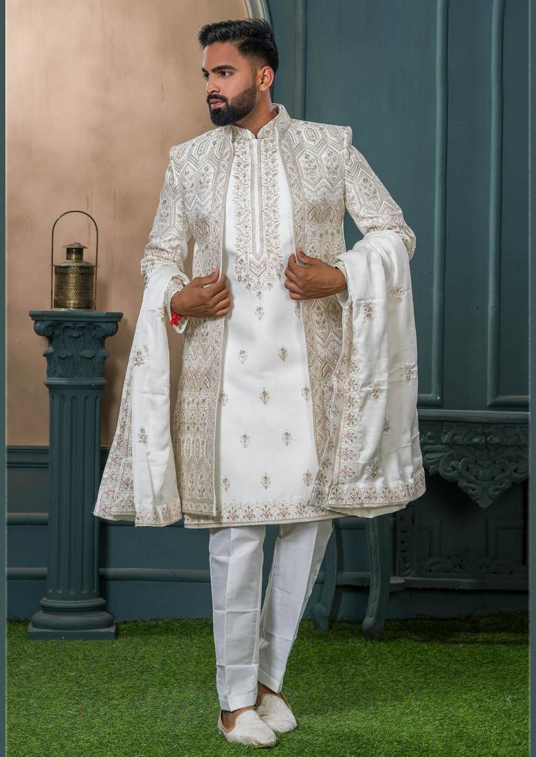 Off white silk embroidered sherwani for mens
