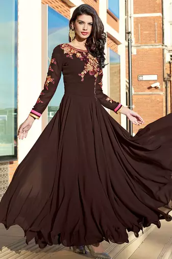 BROWN EMBROIDERED GEORGETTE SALWAR KAMEEZ SEMI STITCHED