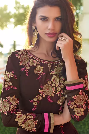 BROWN EMBROIDERED GEORGETTE SALWAR KAMEEZ SEMI STITCHED