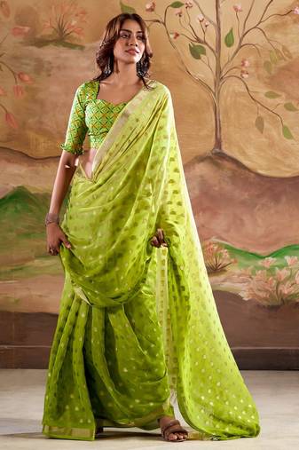 green weaving jari butti designer printed georgette saree with blouse piece