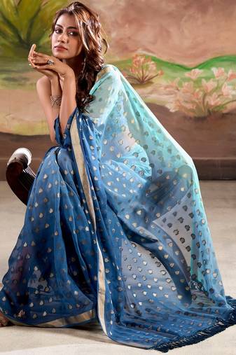 blue weaving jari butti designer printed georgette saree with blouse piece