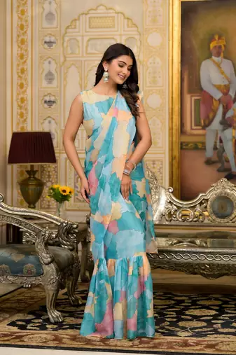 sea green designer printed imported georgette saree with blouse piece