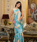 sea green designer printed imported georgette saree with blouse piece