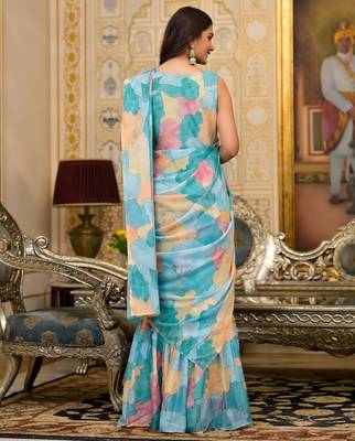 sea green designer printed imported georgette saree with blouse piece 3