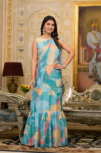 sea green designer printed imported georgette saree with blouse piece