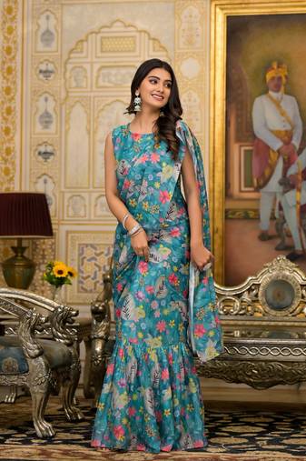 blue designer printed imported georgette saree with blouse piece