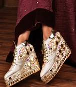 White floral embroidered wedges shoes