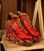 Red floral embroidered wedges shoes