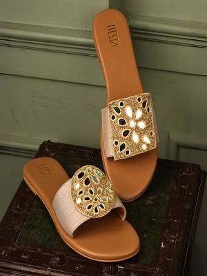 Beige mirror embroidered leather flats 2