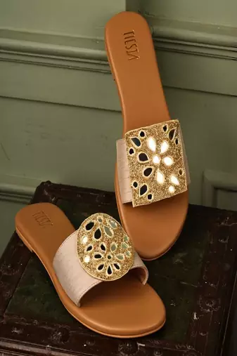 Beige mirror embroidered leather flats