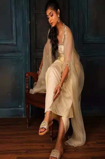 Beige mirror embroidered leather flats