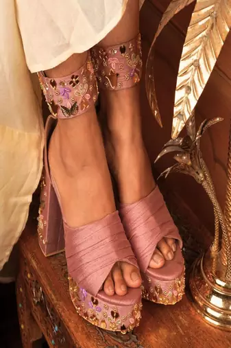 Pink floral hand embroidered heels