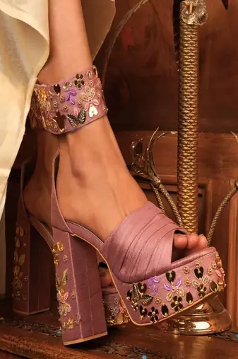 Pink floral hand embroidered heels