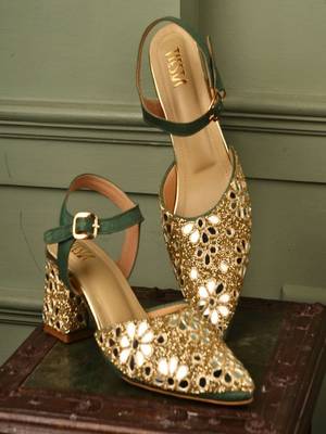 Green mirror embroidered block heels 1