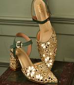 Green mirror embroidered block heels