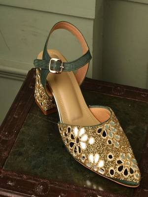 Green mirror embroidered block heels 2